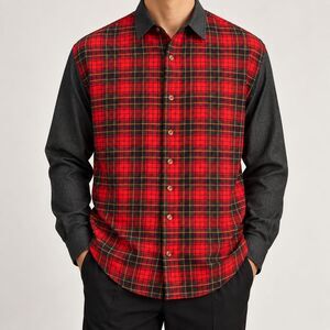 Mens Large Red Gray Tartan Plaid Denim Long Sleeve Button Up Shirt Western NWT